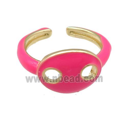 copper Rings with hotpink enamel pignose, adjustable, gold plated