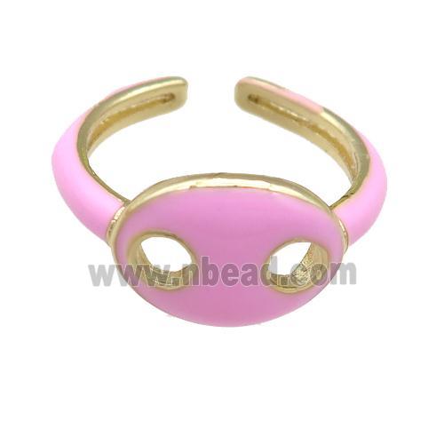 copper Rings with pink enamel pignose, adjustable, gold plated