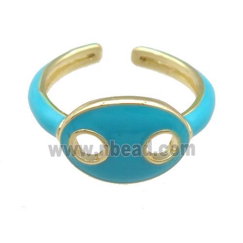 copper Rings with teal enamel pignose, adjustable, gold plated