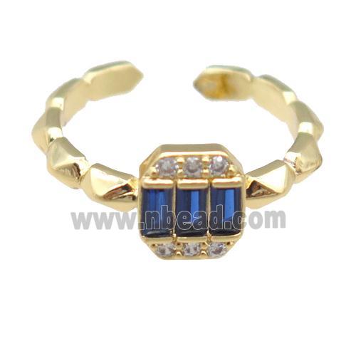 copper Rings pave blue zircon, gold plated, adjustable