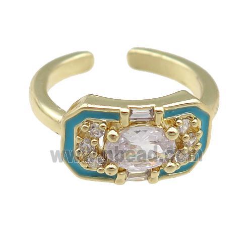 copper Rings pave zircon with blue enamel, gold plated, adjustable