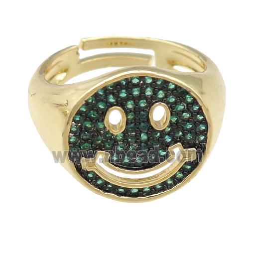 copper Emoji Rings pave green zircon, smileface, gold plated, adjustable