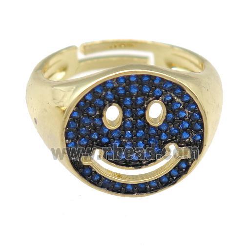 copper Emoji Rings pave blue zircon, smileface, gold plated, adjustable