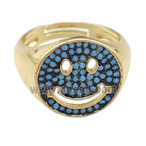 copper Emoji Rings pave turq zircon, smileface, gold plated, adjustable