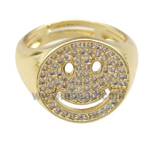 copper Emoji Rings pave zircon, smileface, gold plated, adjustable