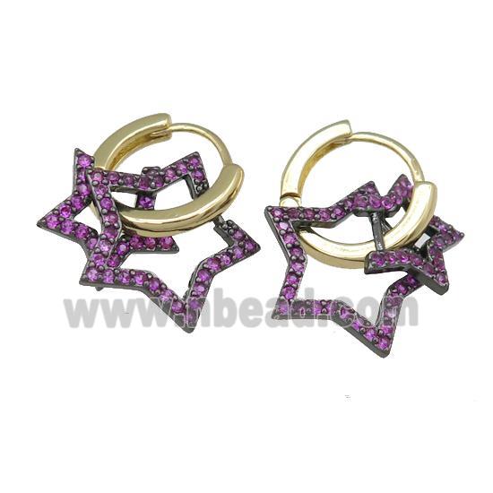 copper hoop Earring with star pave hotpink zircon, gold plated