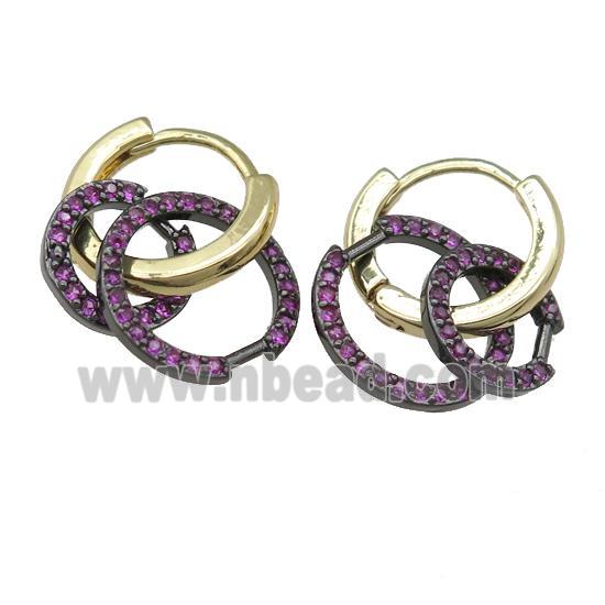 copper hoop Earring with circle pave hotpink zircon, gold plated