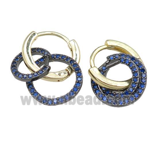 copper hoop Earring with circle pave blue zircon, gold plated
