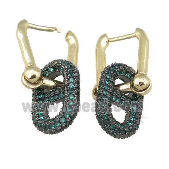 copper Latchback Earrring with oval pave green zircon, gold plated