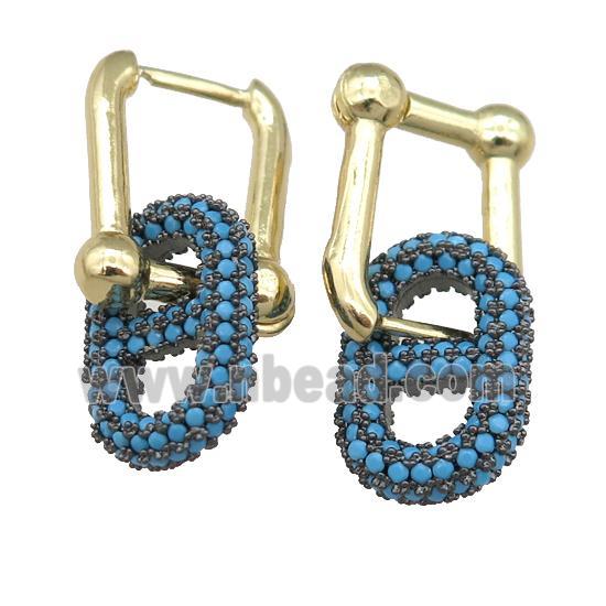 copper Latchback Earrring with oval pave turq zircon, gold plated
