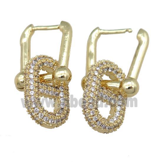 copper Latchback Earrring with oval pave zircon, gold plated