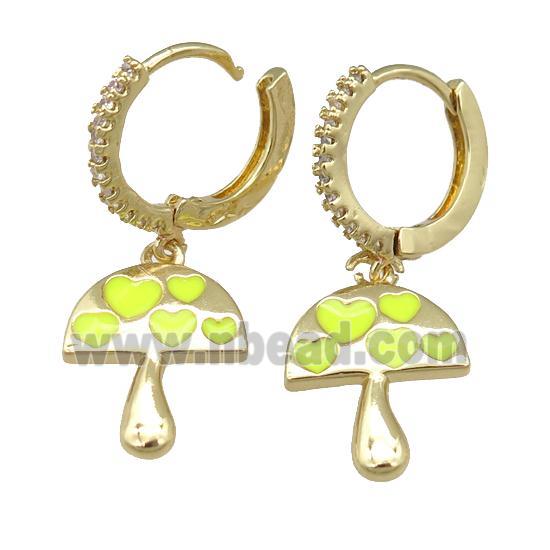 copper hoop Earring with yellow enamel mushroom, gold plated