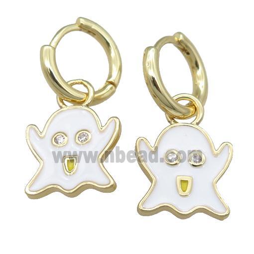 copper Hoop Earrings with white Enamel Ghost, gold plated