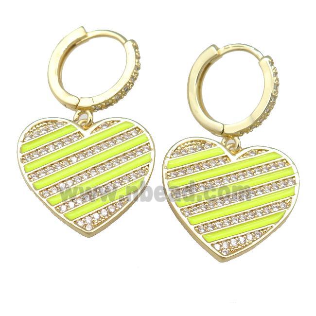 copper Hoop Earring with yellow Enamel Heart, gold plated