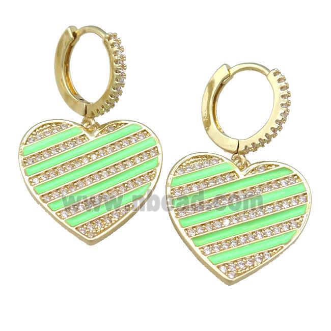 copper Hoop Earring with green Enamel Heart, gold plated