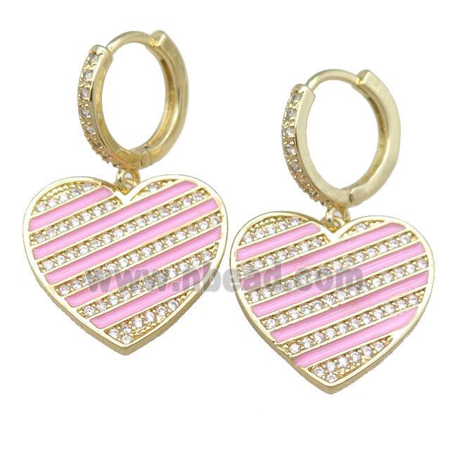 copper Hoop Earring with pink Enamel Heart, gold plated
