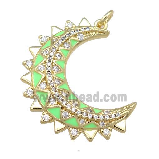 copper Crescent pendant pave zircon with green enamel, gold plated