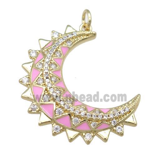 copper Crescent pendant pave zircon with pink enamel, gold plated