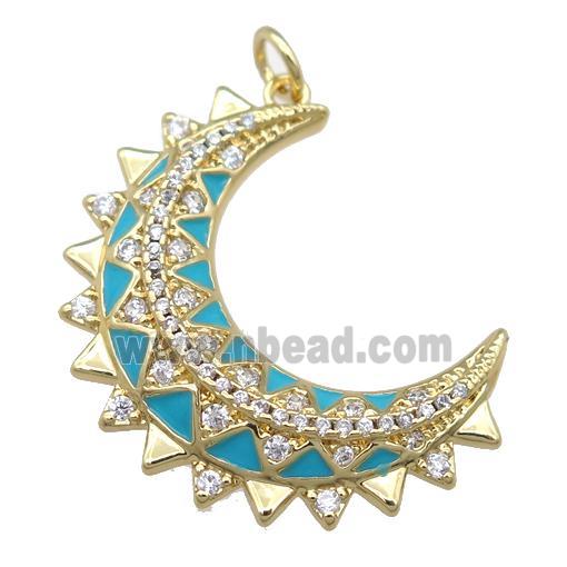 copper Crescent pendant pave zircon with blue enamel, gold plated