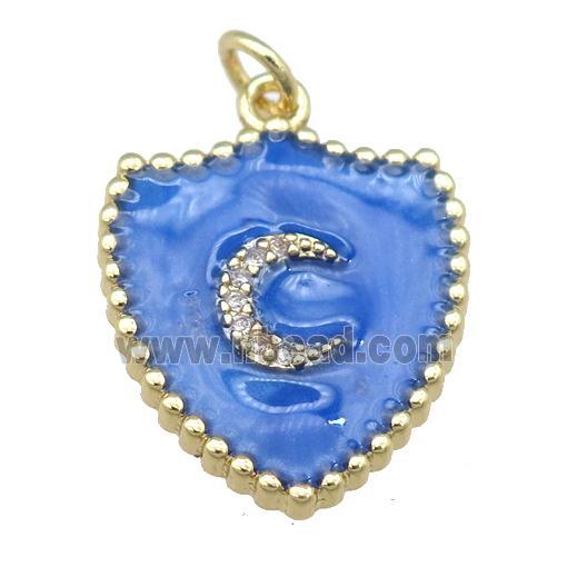 copper shield pendant with moon, blue enamel, gold plated