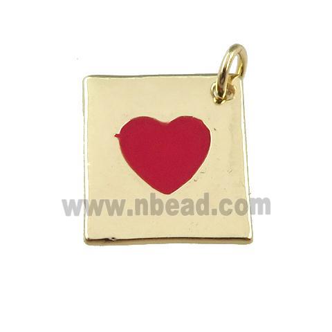 copper rectangle pendant with red enamel heart, gold plated