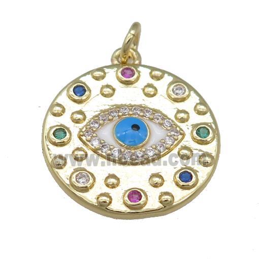 copper circle pendant with enamel evil eye, gold plated