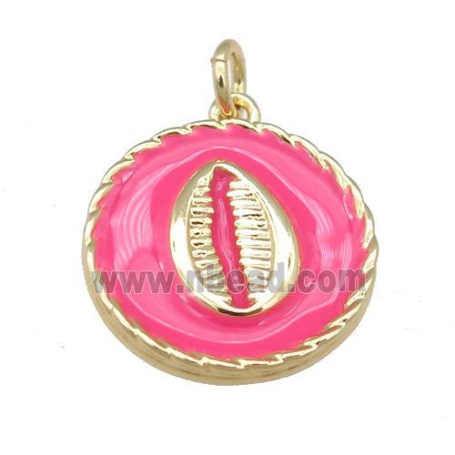 copper circle pendant with hotpink enamel, mouth, gold plated