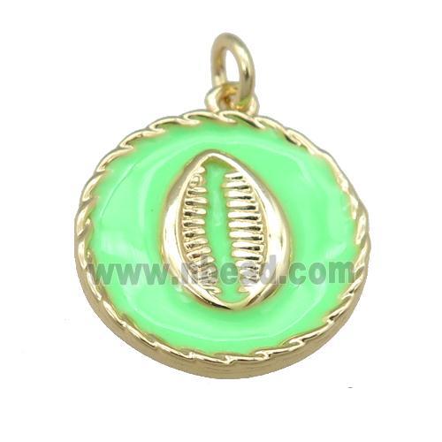 copper circle pendant with green enamel, mouth, gold plated