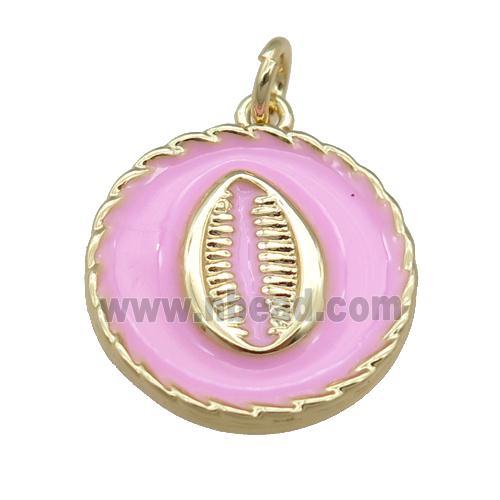 copper circle pendant with pink enamel, mouth, gold plated