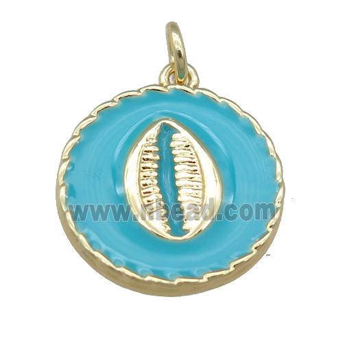 copper circle pendant with teal enamel, mouth, gold plated