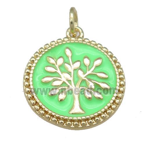 copper circle pendant with green enamel, tree, gold plated