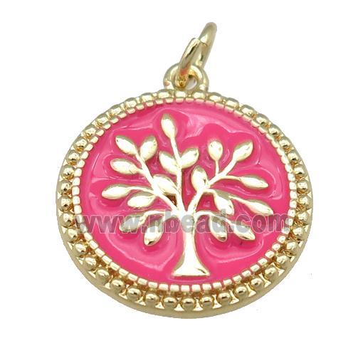 copper circle pendant with hotpink enamel, tree, gold plated