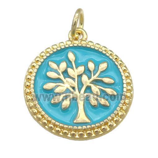copper circle pendant with teal enamel, tree, gold plated