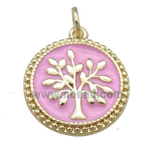 copper circle pendant with pink enamel, tree, gold plated