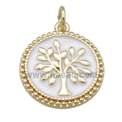 copper circle pendant with white enamel, tree, gold plated