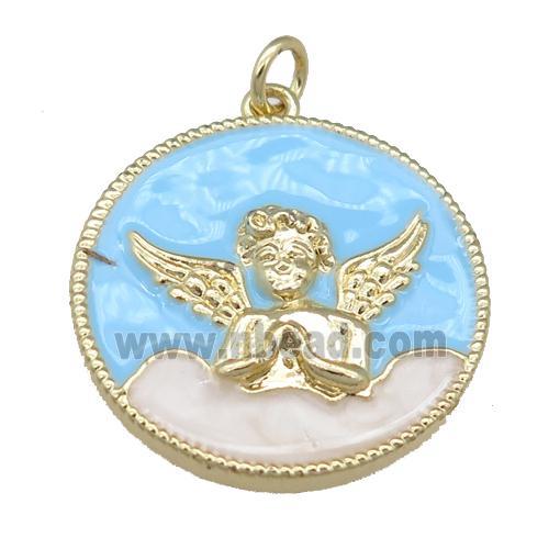 copper circle pendant with blue enamel, cherub, gold plated