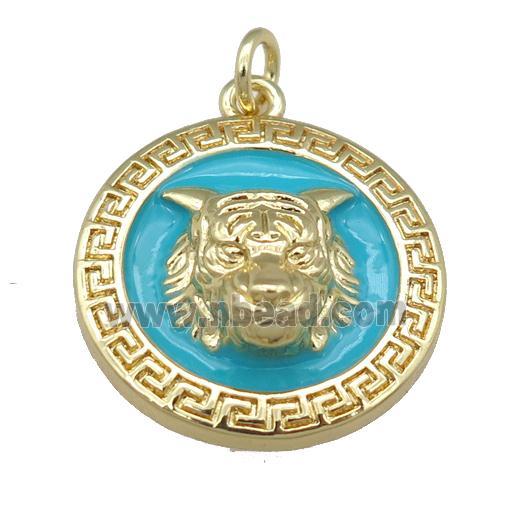 copper Tiger pendant with teal enamel, gold plated