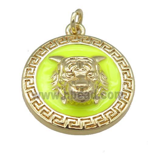 copper Tiger pendant with yellow enamel, gold plated
