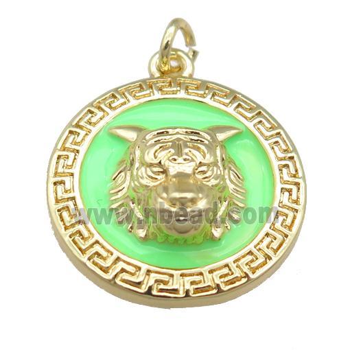 copper Tiger pendant with green enamel, gold plated