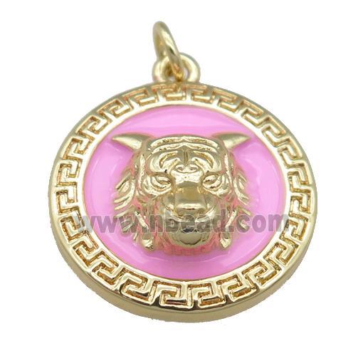 copper Tiger pendant with pink enamel, gold plated