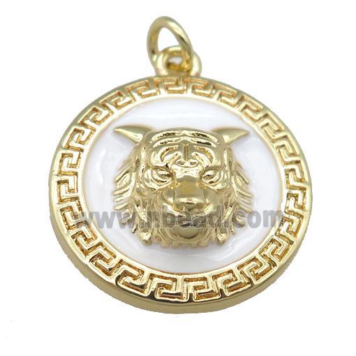 copper Tiger pendant with white enamel, gold plated