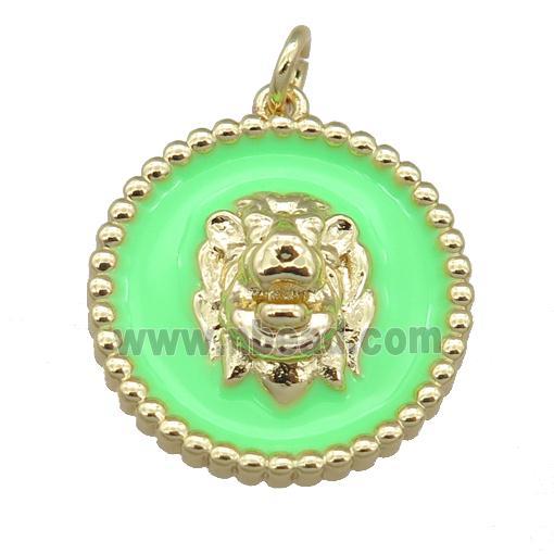 Copper Lion Pendant Green Enamel Gold Plated