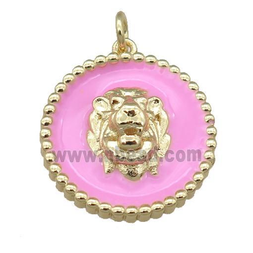 Copper Lion Pendant Pink Enamel Gold Plated