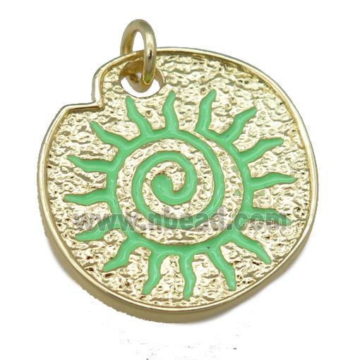green Enamel Rebirth Symbols, copper pendant, gold plated