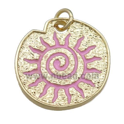 pink Enamel Rebirth Symbols, copper pendant, gold plated