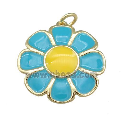 copper Sunflower pendant with blue enamel, gold plated