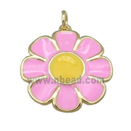 copper Sunflower pendant with pink enamel, gold plated
