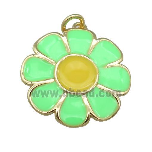 copper Sunflower pendant with green enamel, gold plated