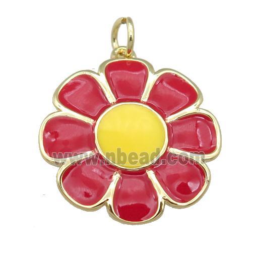 copper Sunflower pendant with red enamel, gold plated