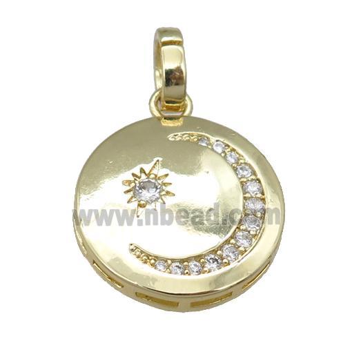 copper circle moon pendant pave zircon, gold plated